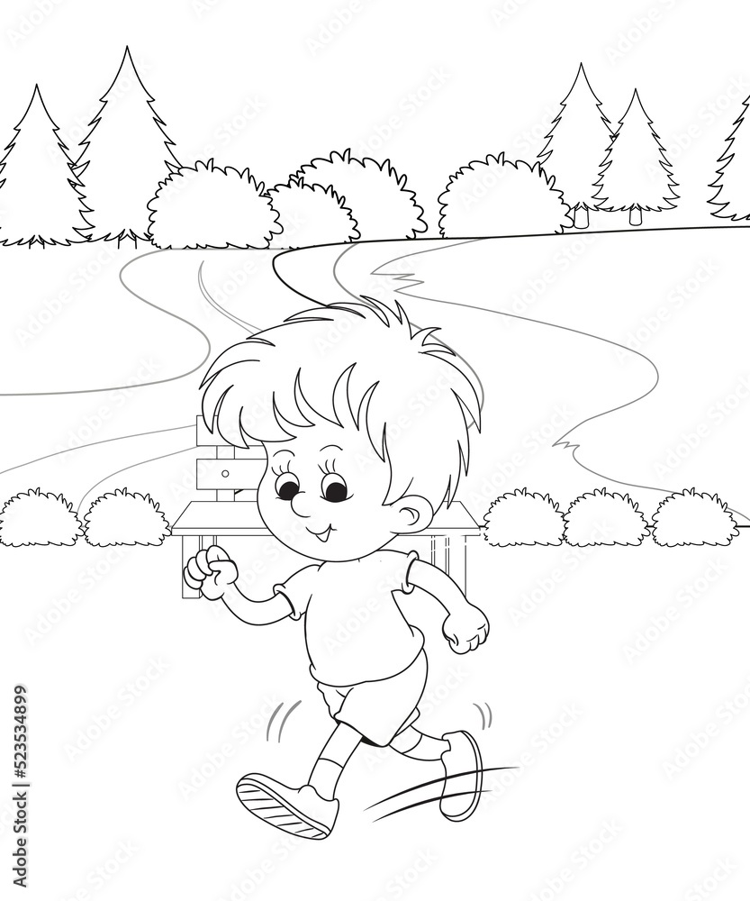 Fototapeta premium cute little fairy coloring Page Outline hand-painted in cartoon style Of little boy with mountains and landscape