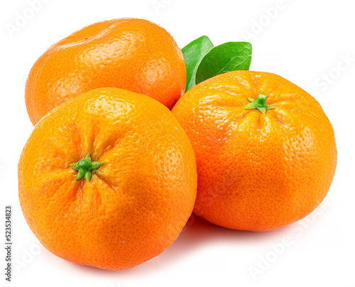 Three mandarin fruits with leaf  on white background.