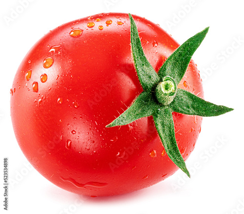 Cherry tomato covered with water drops isolated on white background. Macro shot. Popular worldwide product as ingredient in many Mediterranean dishes. photo