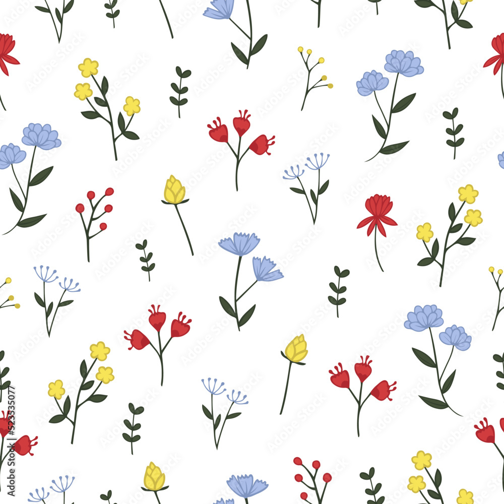 Vector seamless floral pattern with wildflowers on a white background. Can be used as background printed, textile design, packaging design.