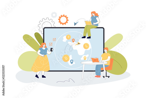Global cryptocurrency transactions of users around world. Chain of international trades of tiny people on map flat vector illustration. Payment concept for banner, website design or landing web page