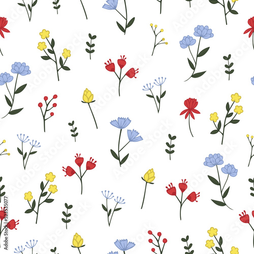 Vector seamless floral pattern with wildflowers on a white background. Can be used as background printed, textile design, packaging design. © shoer