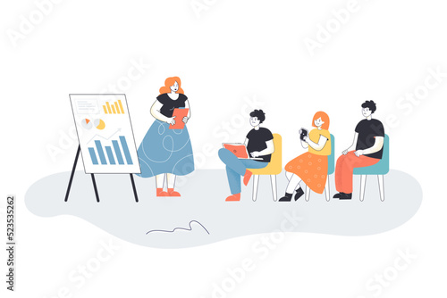 Speaker presenting whiteboard presentation for group of students. People training on seminar flat vector illustration. School, university lecture concept for banner, website design or landing web page
