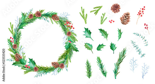 松毬、もみの枝、西洋柊などのクリスマスリースの水彩イラスト。エレメントのセット。（透過背景） photo