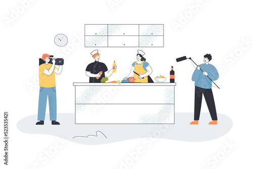 TV live show with cooking chefs. Male assistant and cameraman recording contest in studio kitchen flat vector illustration. Television, recipe concept for banner, website design or landing web page