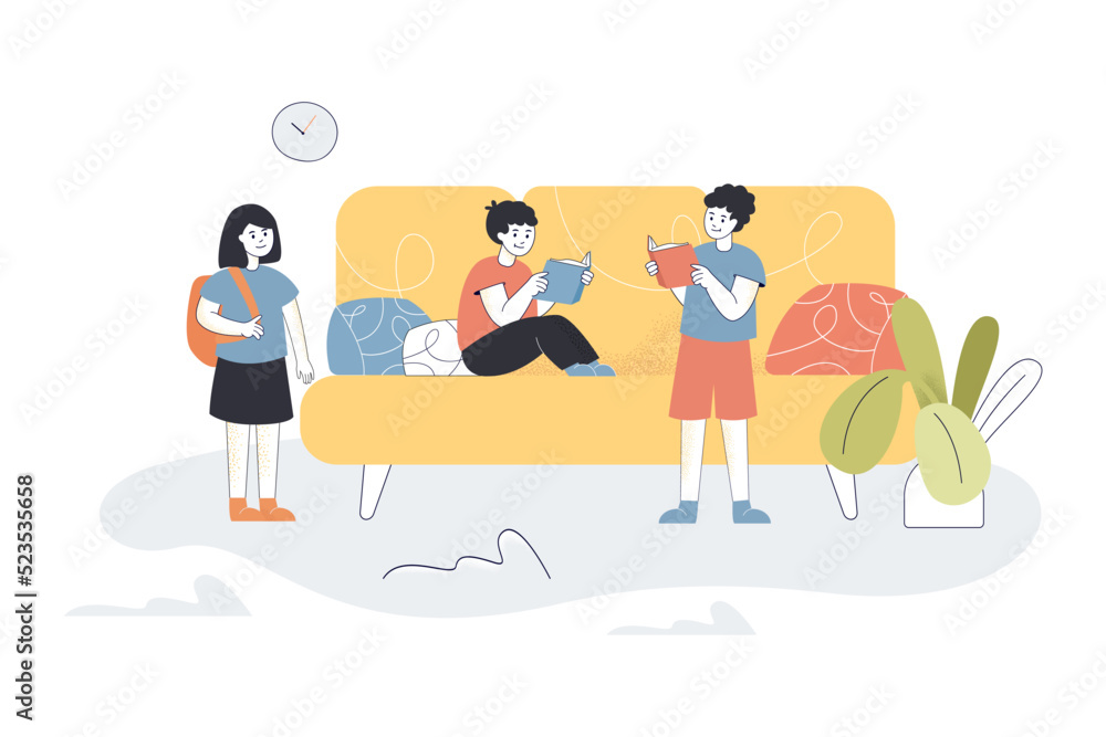 Kids reading books from library at home. Boys holding story books, girl standing with backpack flat vector illustration. Homework, education concept for banner, website design or landing web page
