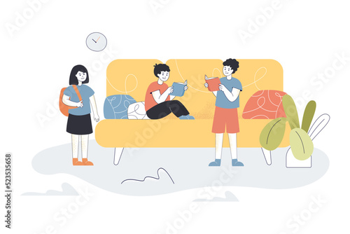 Kids reading books from library at home. Boys holding story books, girl standing with backpack flat vector illustration. Homework, education concept for banner, website design or landing web page