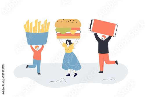 Tiny people holding huge french fries, burger and soda. Female and male characters eating fast food flat vector illustration. Unhealthy lifestyle concept for banner, website design or landing web page