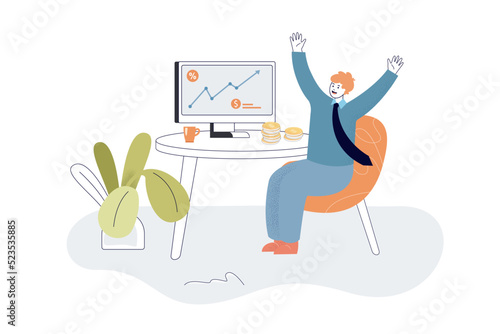 Happy rich investor with growth of arrow graph. Male trader sitting at computer with money coins flat vector illustration. Success, stock market concept for banner, website design or landing web page
