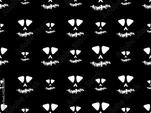 Scary face seamless pattern. Ghost face with evil scary eyes on black background. Halloween Jack O Lantern. Design for banners and posters, wrapping paper and promotional items. Vector illustration