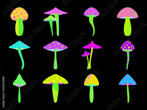 Set of icons of psychedelic mushrooms. Acid trip, bright colorful mushrooms in the style of the 80s. Trippy magic mushrooms. Design for posters, banners and promotional items. Vector illustration