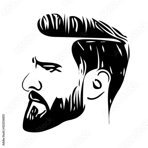 Barber shop, logotype drawn portrait of attractive man with beard. Male face profile