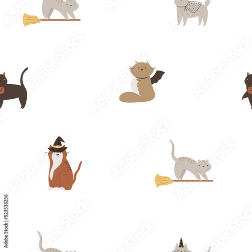 Halloween seamless paper with funny cats in masquerade costumes