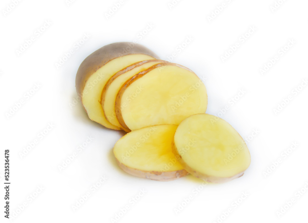 Isolated sliced unpeeled raw potato with the selective focus. Good for any project. Isolated sliced unpeeled raw potato with the selective focus. Good for any project.