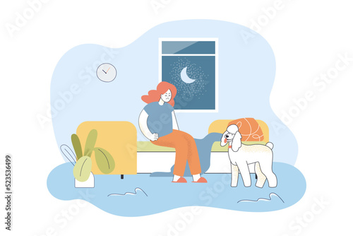 Sad girl sitting in bed near window with night sky and moon. Dog standing near woman tired of insomnia flat vector illustration. Sleep disorder concept for banner, website design or landing web page