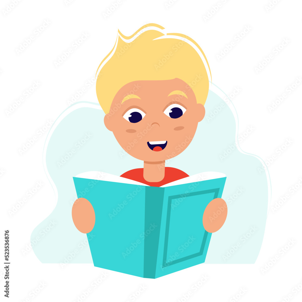 Boy reading book. Back to school. Love reading concept. Template for banner, postcard, card, invitation. Vector Illustration in flat style. Boy reading book. Back to school. Love reading concept. Template for banner, postcard, card, invitation. Vector Illustration in flat style.