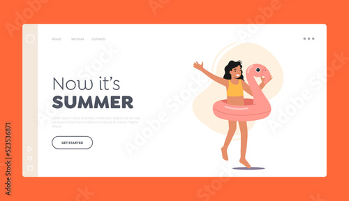 Summer Landing Page Template. Happy Little Girl in Swimsuit and Inflatable Ring. Child Character Playing on Beach