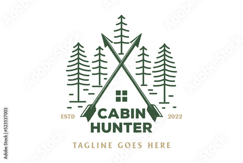 Pine Evergreen Spruce Conifer Larch Fir Forest with Arrow House Chalet Cabin Cottage for Hunting Club Logo Design