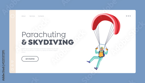 Fototapeta Naklejka Na Ścianę i Meble -  Parachuting and Skydiving Sport Landing Page Template. Paragliding, Parachute Jumping Extreme, Skydiver Parachutist