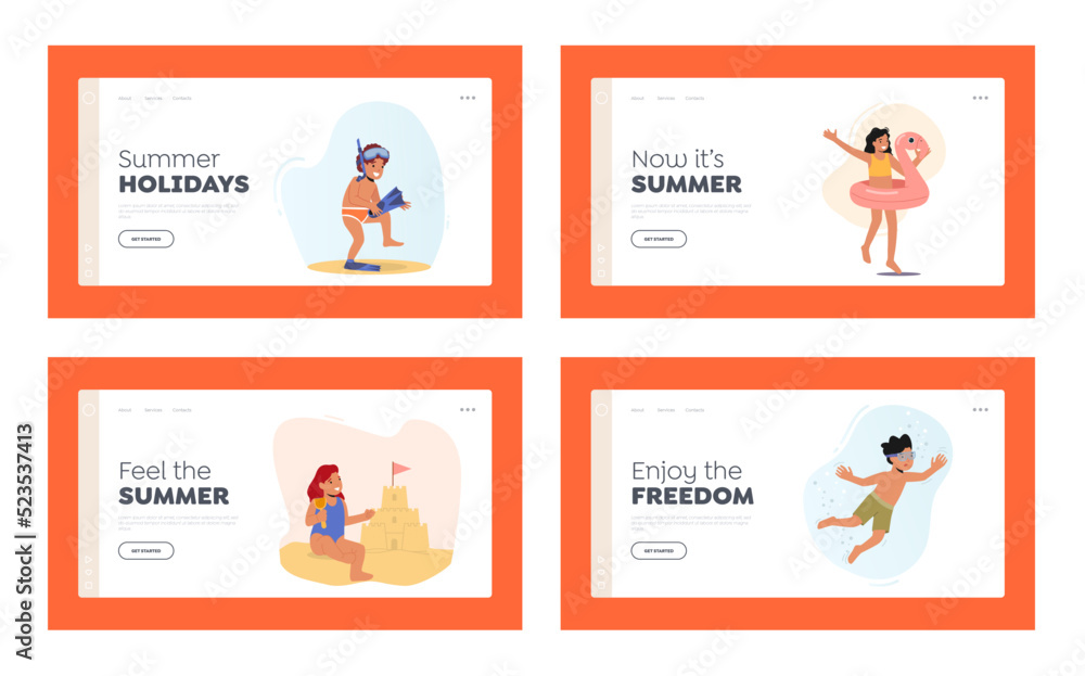 Children Beach Activities and Fun Landing Page Template Set. Little Boys and Girls Building Sand Castle, Swimming in Sea Children Beach Activities and Fun Landing Page Template Set. Little Boys and Girls Building Sand Castle, Swimming in Sea