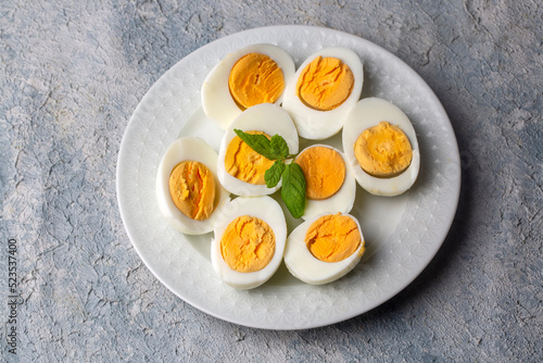 Boiled sliced egg, food photo