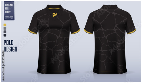 Black polo shirt mockup template design for soccer jersey, football kit, golf, tennis, sportswear. Mosaic pattern.