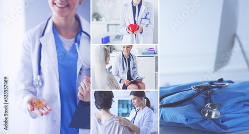 Doctor holding heap of drugs in a hand. Woman doctor