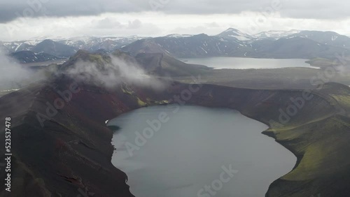 Drone View Of Ljotipollur Volcanic Crater In Landmannalaugar. Explosion Crater At Fjallabak Nature Reserve On The Highlands Of Iceland. aerial photo