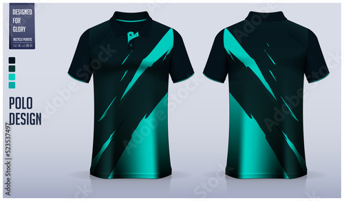 green polo shirt mockup template design for soccer jersey, football kit, golf, tennis, sportswear. Brush stroke pattern.