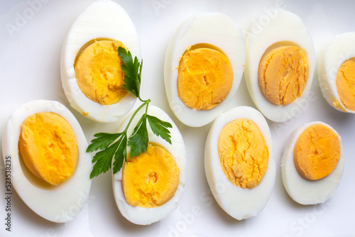 Boiled sliced egg, food photo