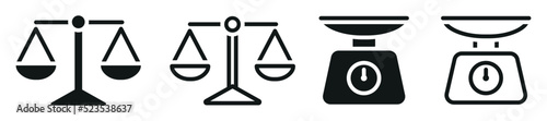 Set of scales icons. Scales of justice symbols. Law judgment punishment signs. Law scale icon, libra vector.