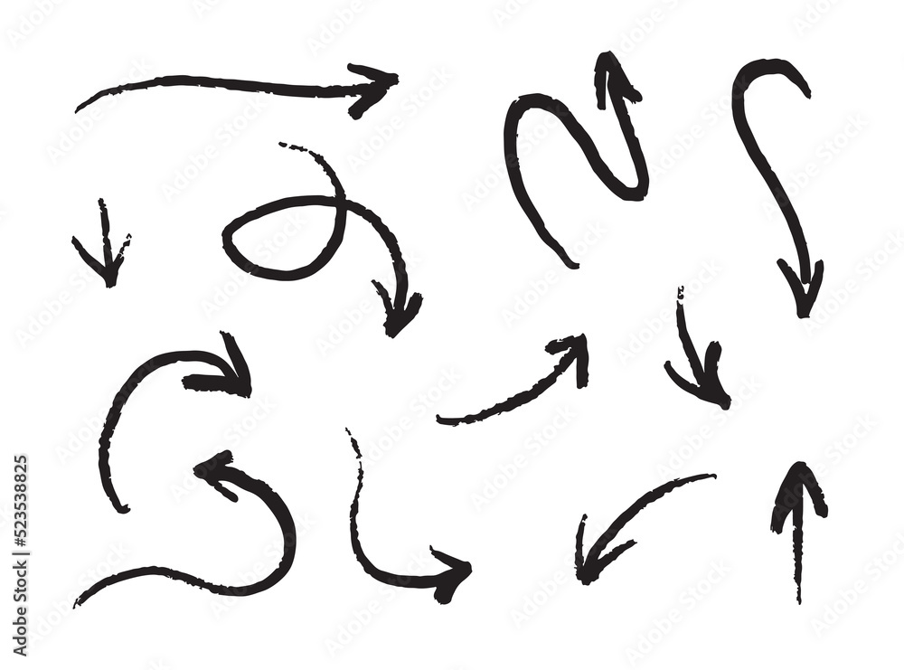 Arrow set. Vector, thin, rough, hand-drawn. Black and white, for doodles or presentation, pointers, curled, straight. Arrow set. Vector, thin, rough, hand-drawn. Black and white, for doodles or presentation, pointers, curled, straight.
