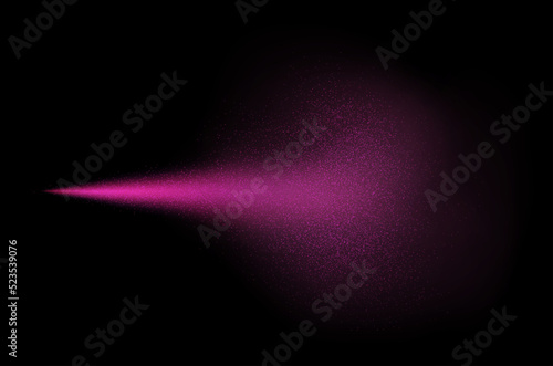 Pink spray mist with glitter particles, fashion shimmer freshener with haze isolated on a dark background. Realistic vector effect. Luxury scent template.