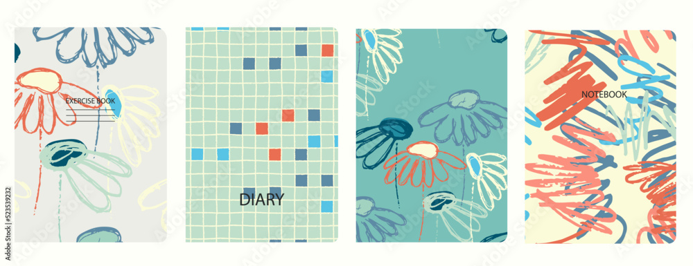 Fototapeta premium Cover page vector templates based on seamless patterns with hand drawn Echinacea flowers. Background for school exercise books, notebooks, diaries