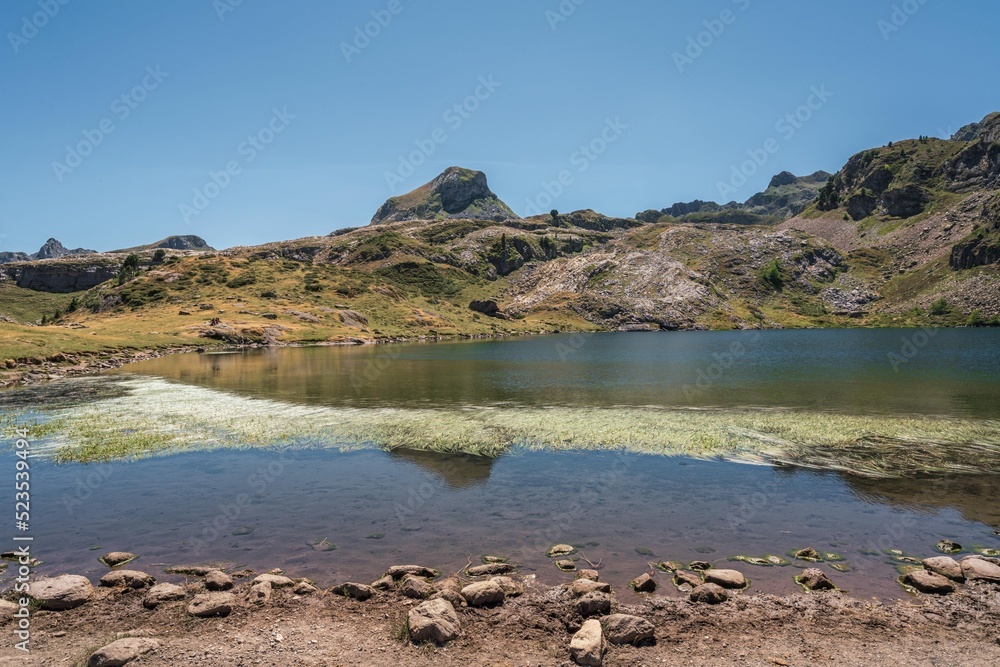 Natural landscapes of the lake, forest and mountains in the French Pyrenees