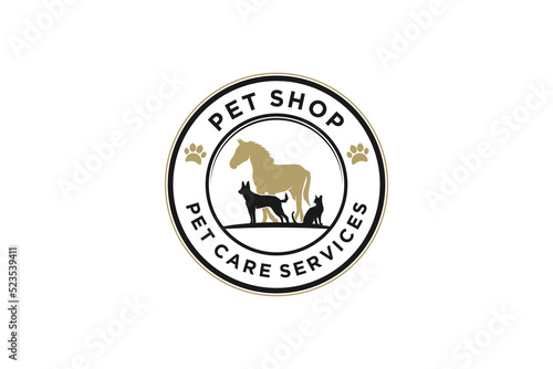 Pet shop veterinarian logo vintage badge rounded shape horse dog and cat silhouette illustration