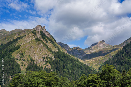 Natural landscapes of the lake, forest and mountains in the French Pyrenees
