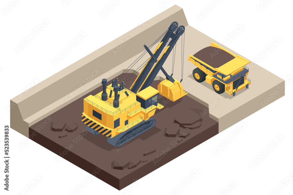 Isometric mining quarry, mine with large quarry dump truck and power shovel. Coal mine. Equipment for high-mining industry