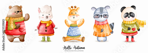 Animal autumn watercolor, Thanksgiving Vector illustration, Bear, Sheep, Giraffe, Raccoon, Panda.. photo