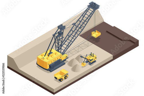 Isometric mining quarry, mine with large quarry dump truck and dragline excavator. Coal mine. Equipment for high-mining industry, Mining clay in quarry.