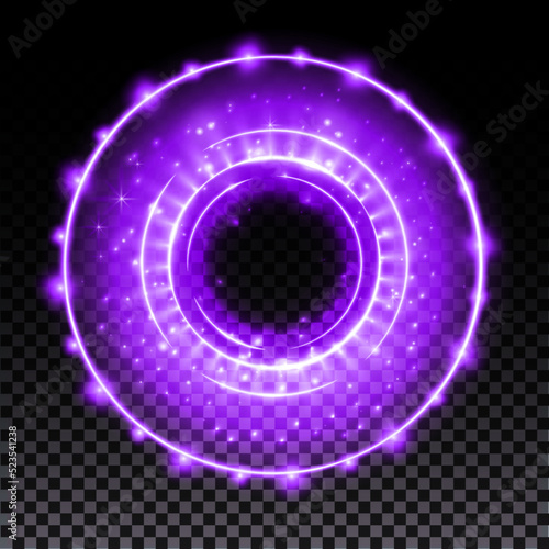 Purple hologram portal. Magic fantasy portal. Magic circle with halo effect. Vector blue glow scifi teleport with sparks and hologram, technology background.