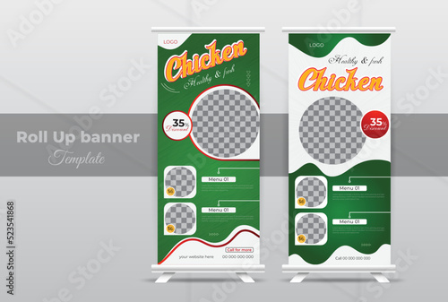 Creative food rollup banner design for restaurant. Vertical, roll-up template, Chiken food Roll up banner design,