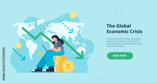 Losing money concept. Financial and economic crisis. Personal budget expenditures. A young woman loses his money due gloval crisis. Vector flat illustration from landing page or banner.