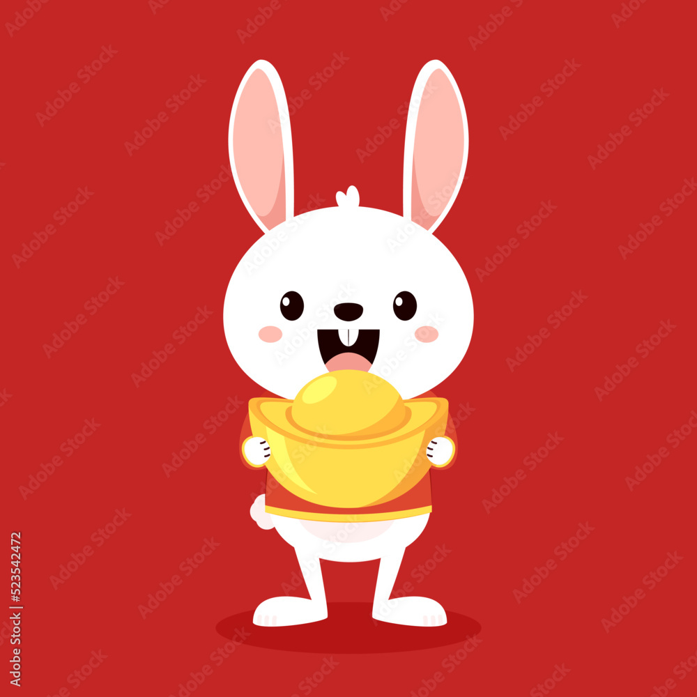 Obraz premium Happy Chinese new year greeting card 2023 with cute rabbit. Animal holidays cartoon character. Rabbit icon vector.