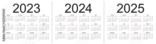 Simple editable vector calendars for year 2023 2024 2025. Week starts from Sunday. Isolated vector illustration on white background.