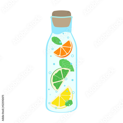 Detox water with citrus. Vector illustration of water bottle with orange and lemon, lime and mint. Drawing of water with fruit for healthy eating for a print or article. 