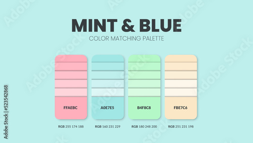 Mint and Blue color guide book cards samples. Color theme palettes or color schemes collection. Colour combinations in RGB or HEX. Set of trend color swatch cataloque inspiration for fashion or design