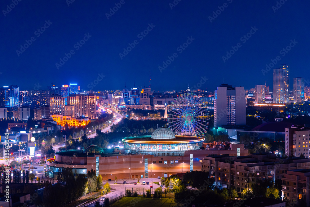 Obraz premium Night city panorama Nur-Sultan Kazakhstan Astana, Aerial view