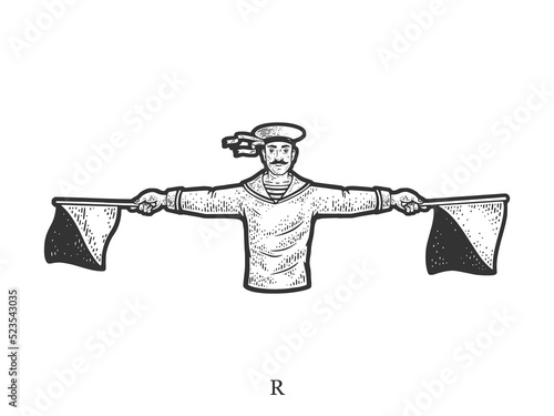 Sailor mariner show flag semaphore alphabet letter R sketch engraving vector illustration. T-shirt apparel print design. Scratch board imitation. Black and white hand drawn image.