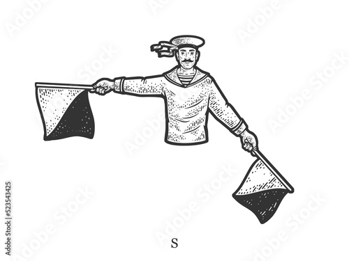 Sailor mariner show flag semaphore alphabet letter S sketch engraving vector illustration. T-shirt apparel print design. Scratch board imitation. Black and white hand drawn image.